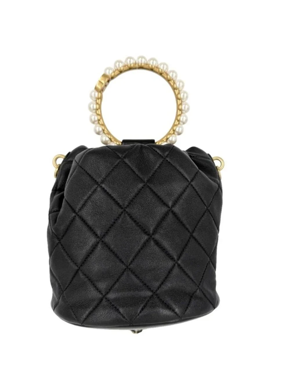 Chanel CC Logo Quilted Bucket Bag Pearl Handle Lambskin Black Gold